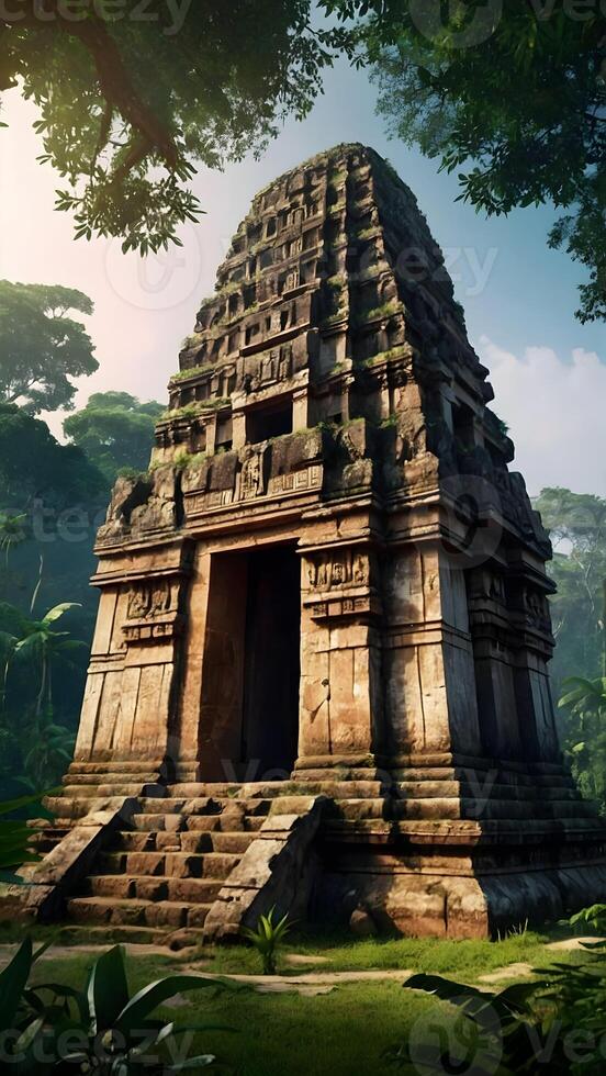 ai généré ancien les temples pierre les structures permanent au milieu de jungle canopée photo