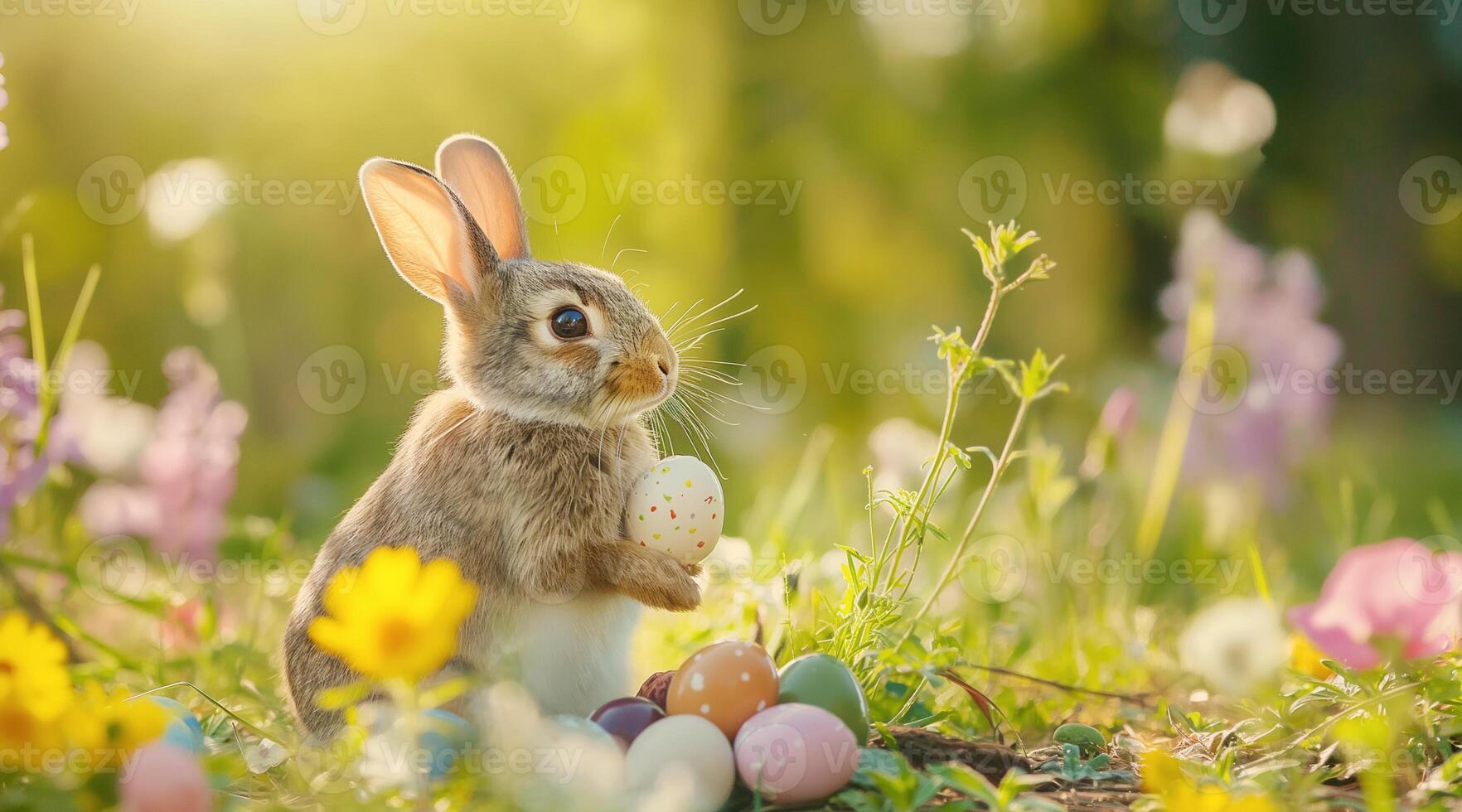 ai généré une serein lapin au milieu de marguerites et Pâques des œufs dans une ensoleillé printemps Prairie photo