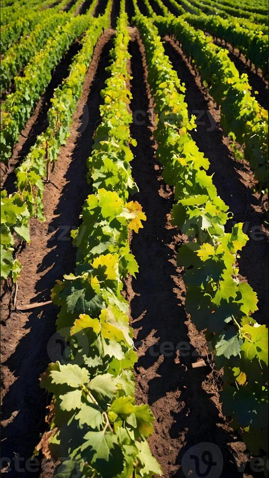 ai généré vibrant vignobles Lignes de vignes se prélasser dans lumière du soleil photo