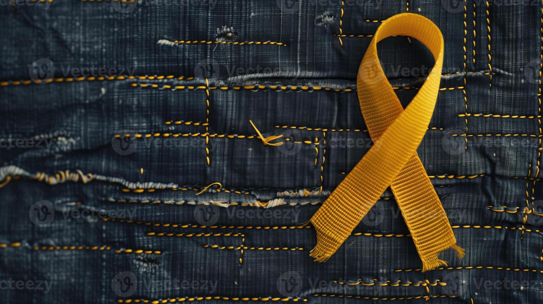 ai généré enfance cancer conscience mois. une brillant Jaune conscience ruban épinglé sur texturé jean. photo