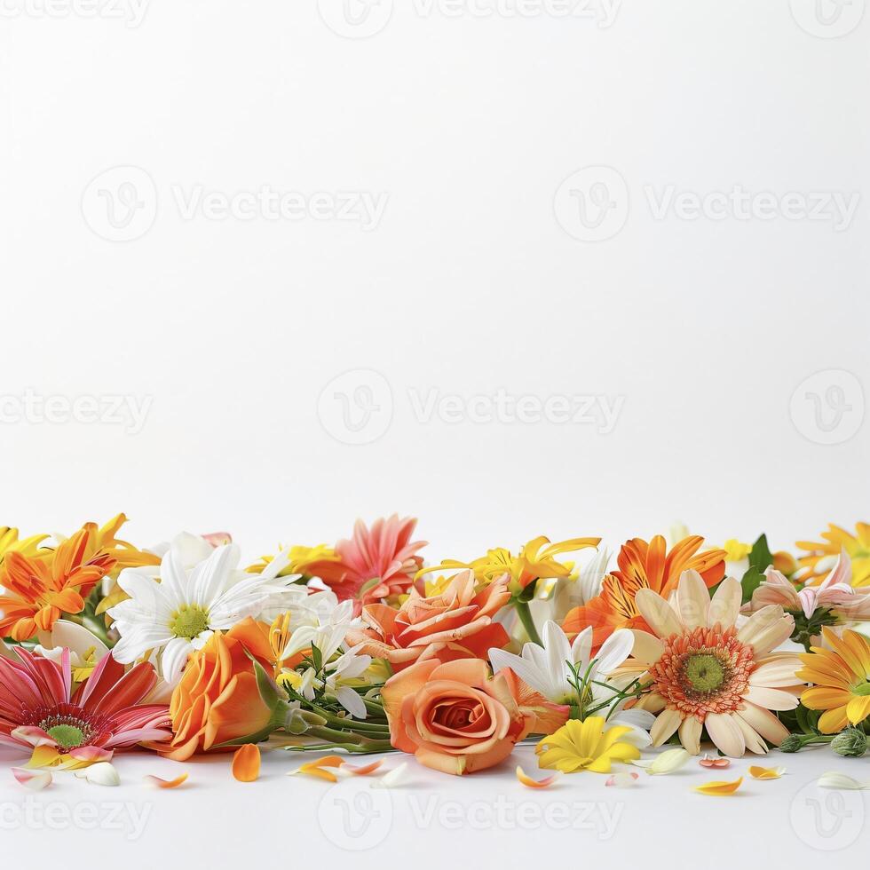 ai généré vibrant bouquet de assorti fleurs sur parfait doux Contexte photo