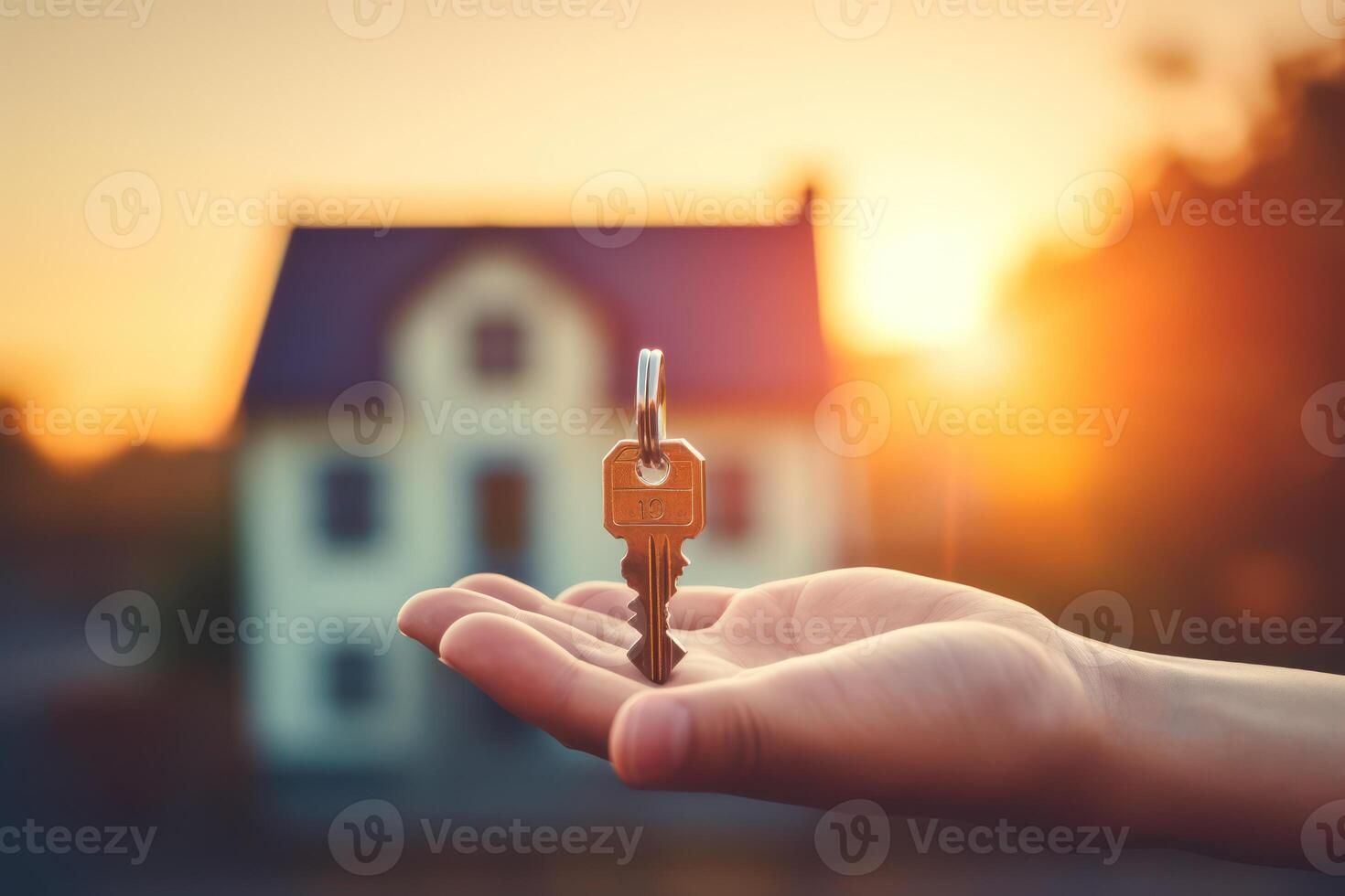 ai généré maison clé sur homme main, flou Contexte de Nouveau pays maison. génératif ai photo