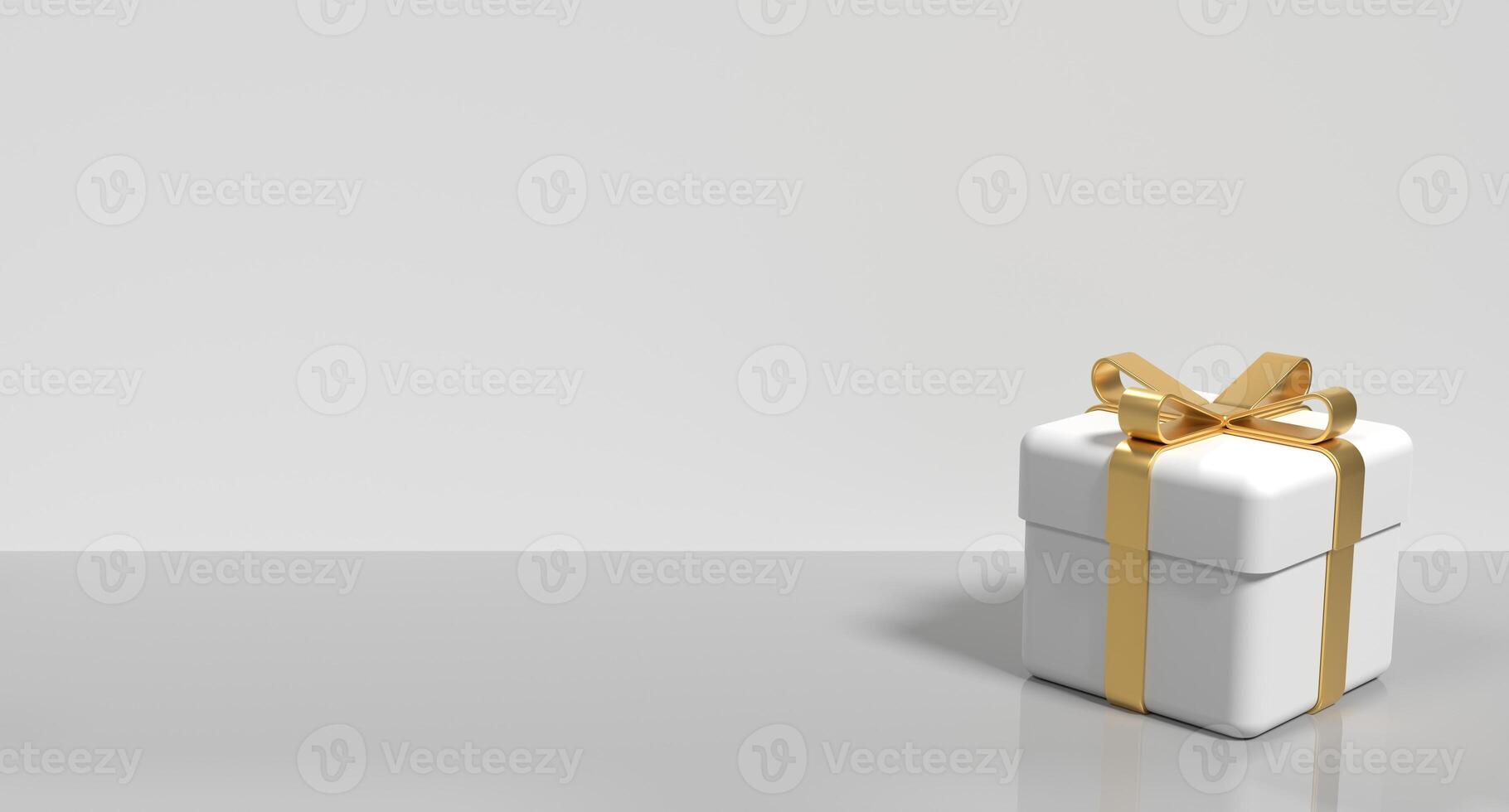 blanc cadeau boîte avec or ruban. réaliste blanc papier cadeau boîte avec d'or ruban arc. vacances ou saisonnier remise décoratif éléments. 3d le rendu photo