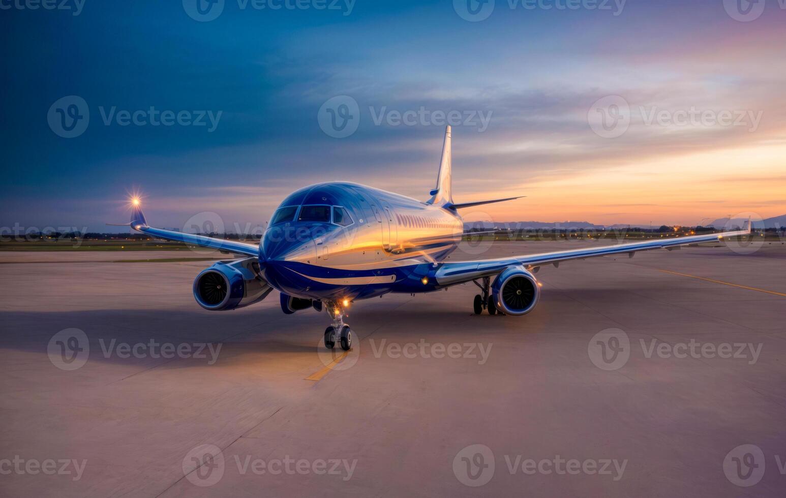 ai généré avion décollage à le aéroport à le coucher du soleil avec les passagers et touristes Aller sur vacances photo
