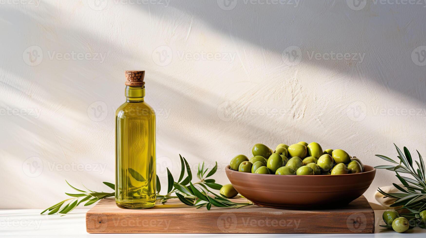 ai généré assiette de Olives et pétrole bouteille ou pot. vide espace pour copie espace et modèle. méditerranéen cuisine, Ingrédients et des légumes. ai généré. illustration pour le cuisine livre photo