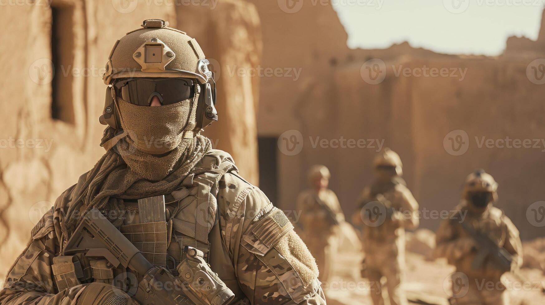 ai généré soldat dans moderne guerre. spécial les forces troupes avec machine pistolets et fusils. militaire spécial opération photo