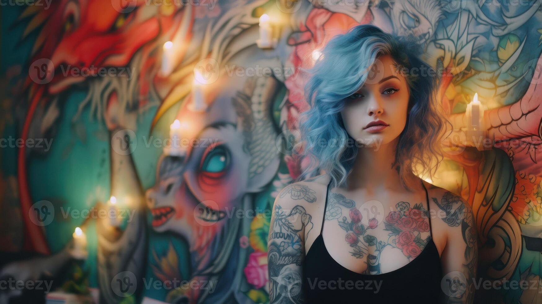 ai généré Jeune fille dans chambre. tatoué à la mode femme sur une coloré Contexte avec rose lumières. ai généré, incroyable Créatif Dame photo