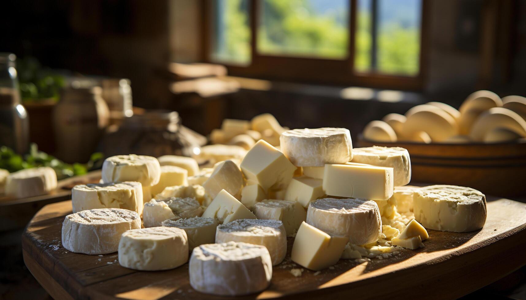 ai généré Frais français laitier des produits Camembert, Brie, Gruyère, chèvre fromage, gouda généré par ai photo