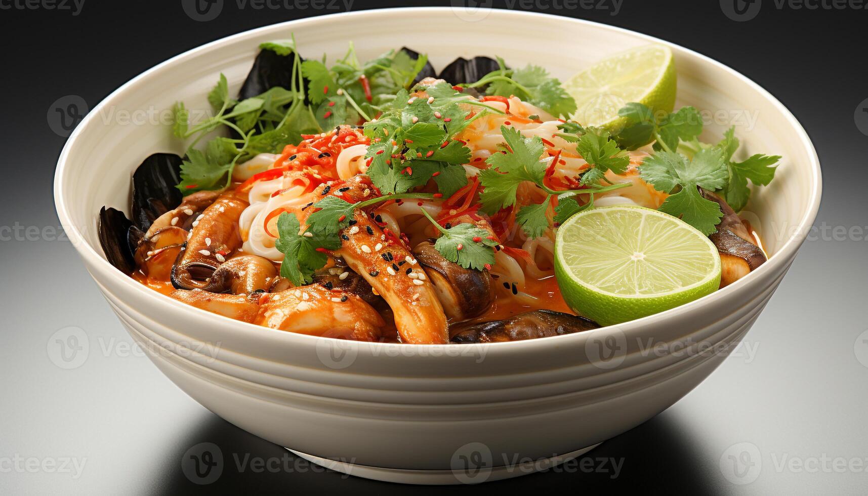 ai généré fraîcheur et en bonne santé en mangeant dans une gourmet Fruit de mer salade bol généré par ai photo