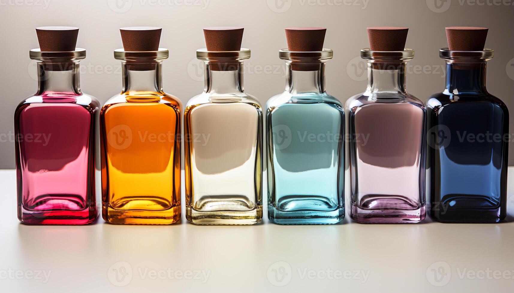 ai généré une collection de coloré médicament bouteilles reflète dans verre généré par ai photo