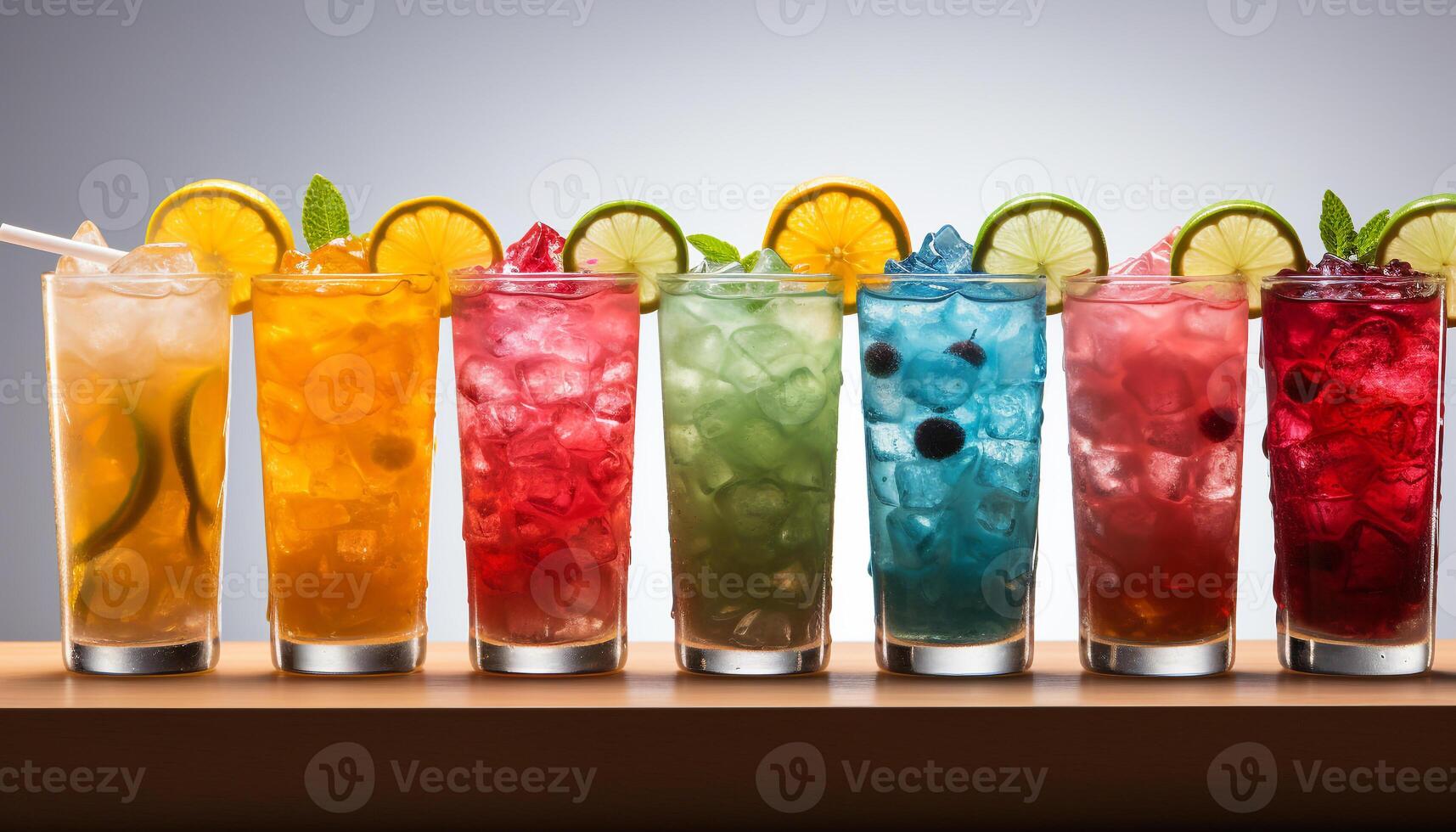 ai généré rafraîchissant été des cocktails Mojito, Margarita, martini, limonade, whisky, framboise généré par ai photo