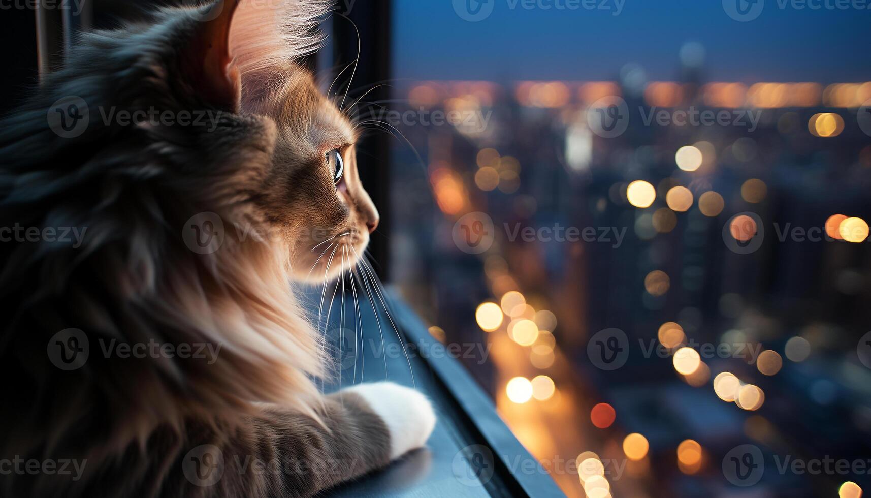 ai généré mignonne chaton séance par fenêtre, en train de regarder ville la vie à crépuscule généré par ai photo