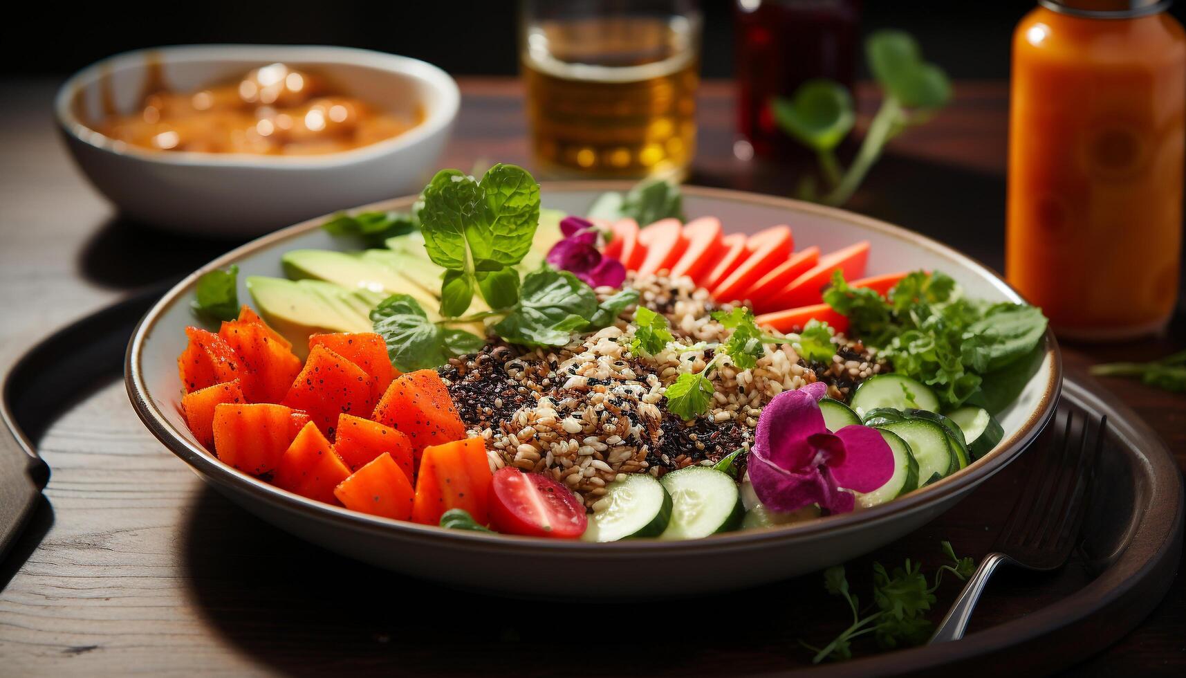 ai généré fraîcheur sur assiette en bonne santé salade avec biologique des légumes et grillé Viande généré par ai photo