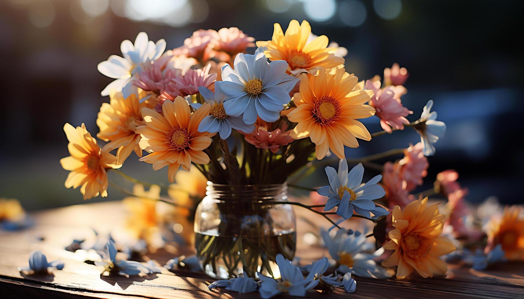 ai généré une vibrant bouquet de multi coloré fleurs illumine le en bois table généré par ai photo