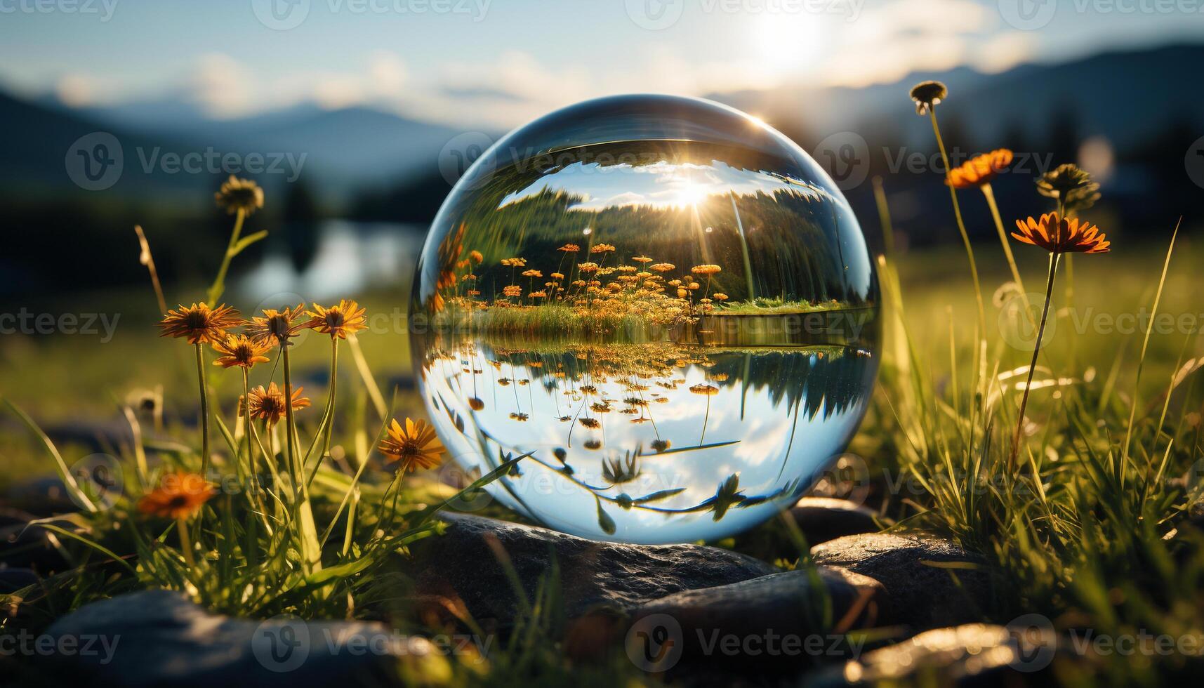 ai généré brillant été le coucher du soleil reflète sur prairie, vert herbe, et fleurs généré par ai photo