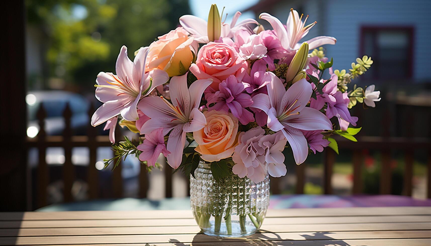 ai généré fraîcheur et beauté dans la nature une multi coloré bouquet sur une en bois table généré par ai photo