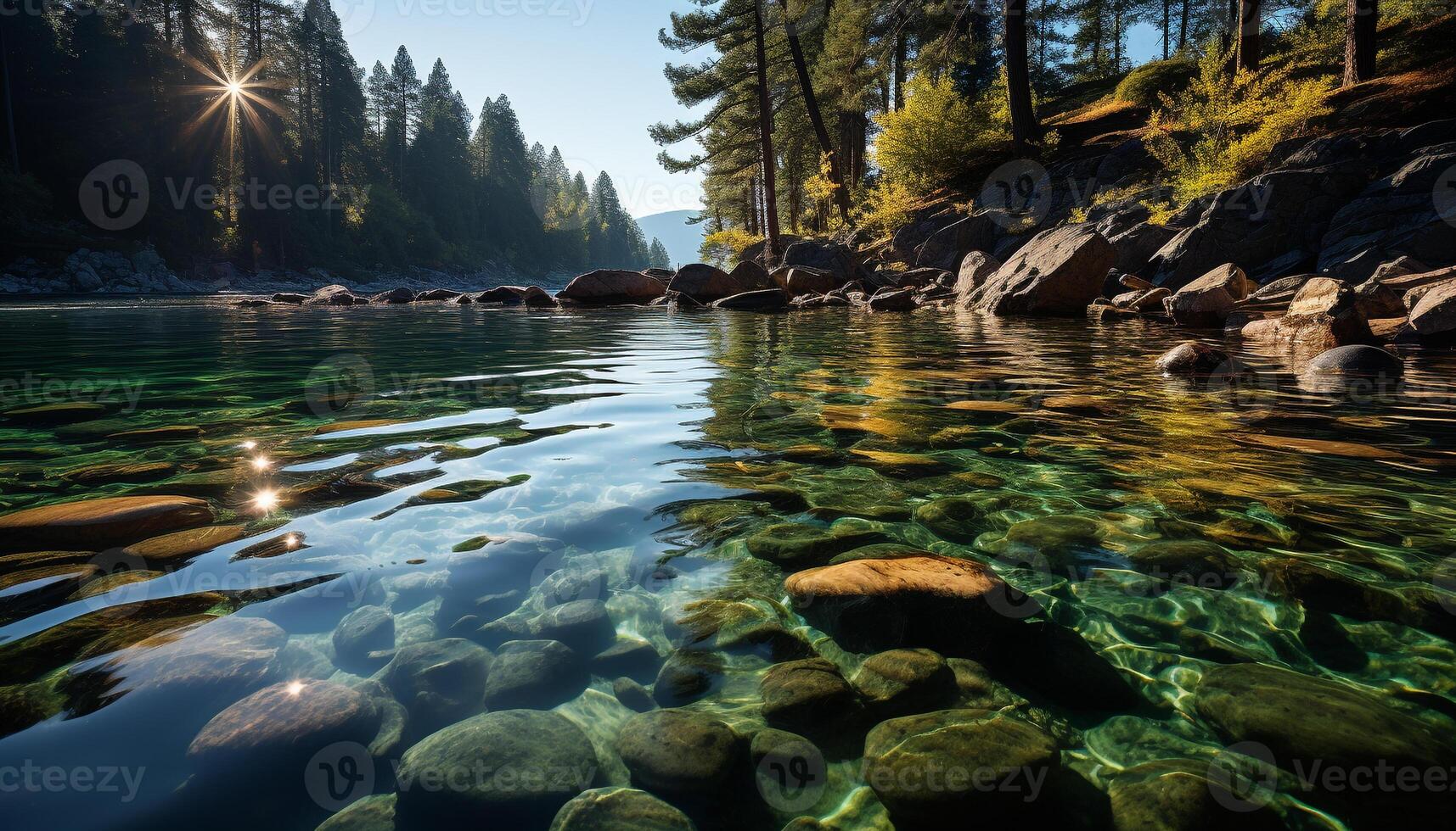 ai généré tranquille scène Montagne réflexion, écoulement eau, serein forêt, Naturel beauté généré par ai photo