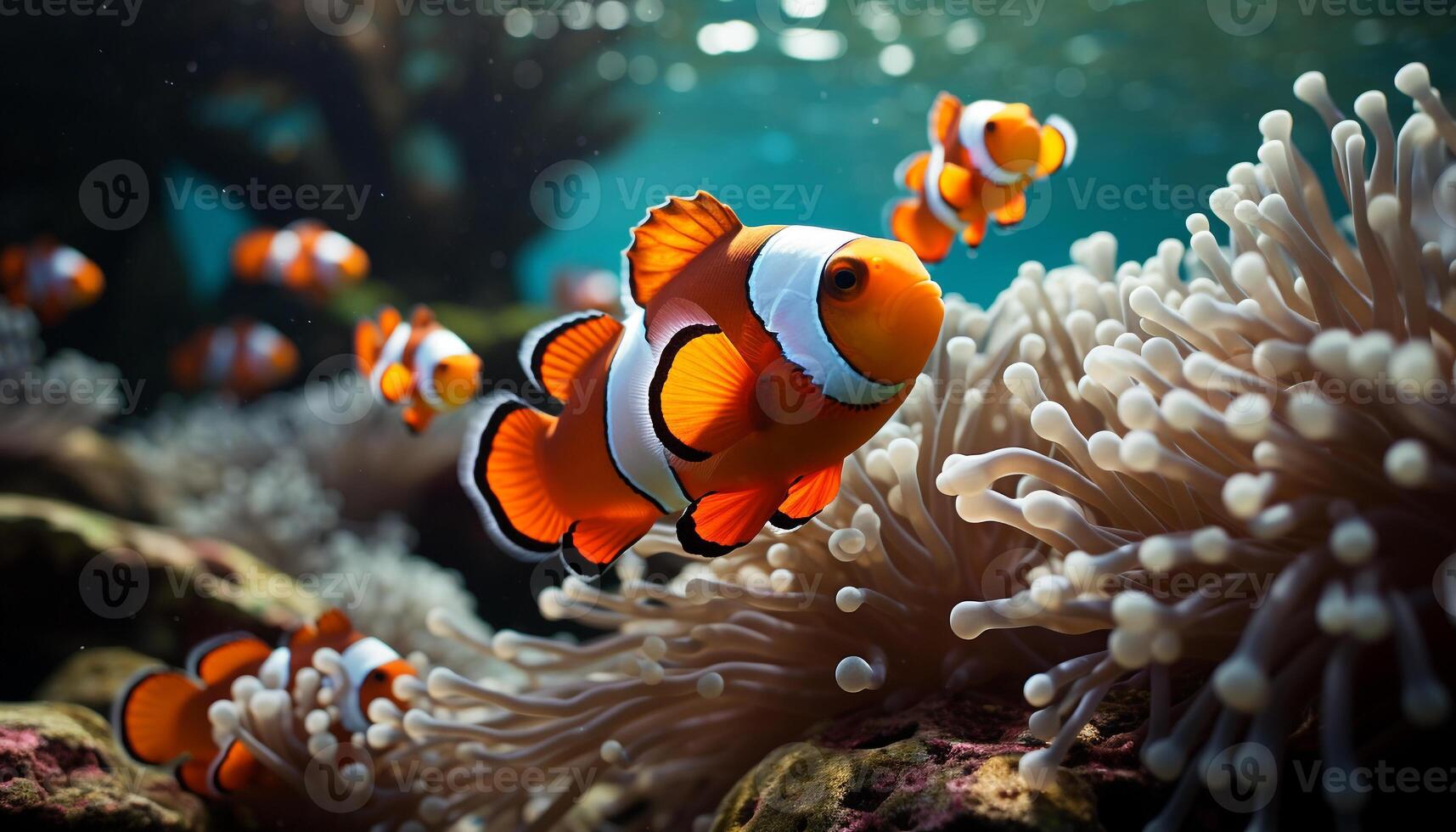 ai généré vibrant pitre poisson nager dans coloré corail récif sous-marin généré par ai photo