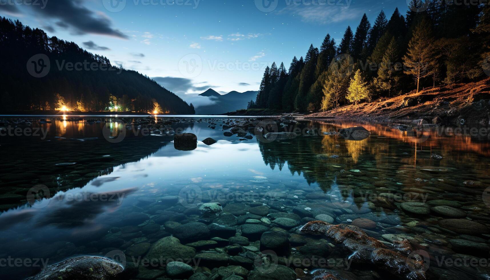 ai généré tranquille scène Montagne de pointe reflète dans serein bleu étang généré par ai photo