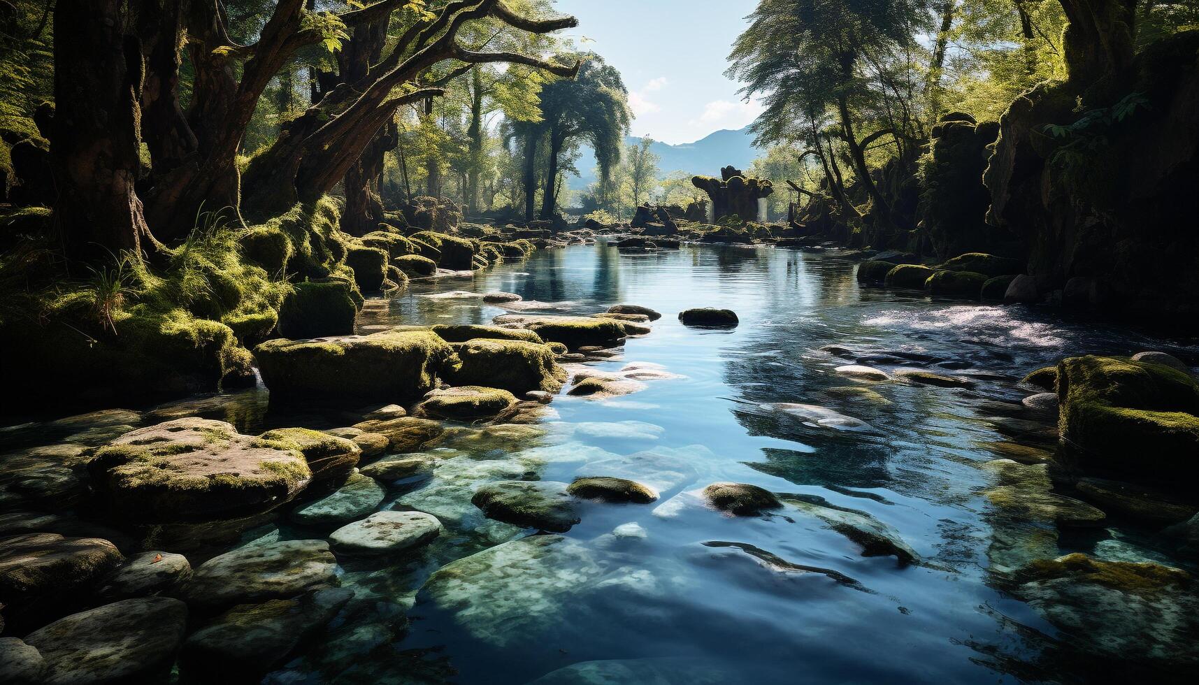 ai généré tranquille scène vert des arbres, écoulement eau, reflétant le beauté généré par ai photo