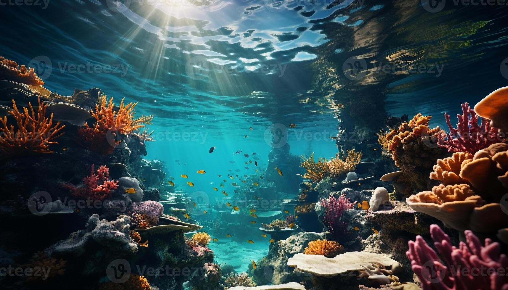 ai généré sous-marin récif poisson dans nature, Profond bleu tropical climat généré par ai photo