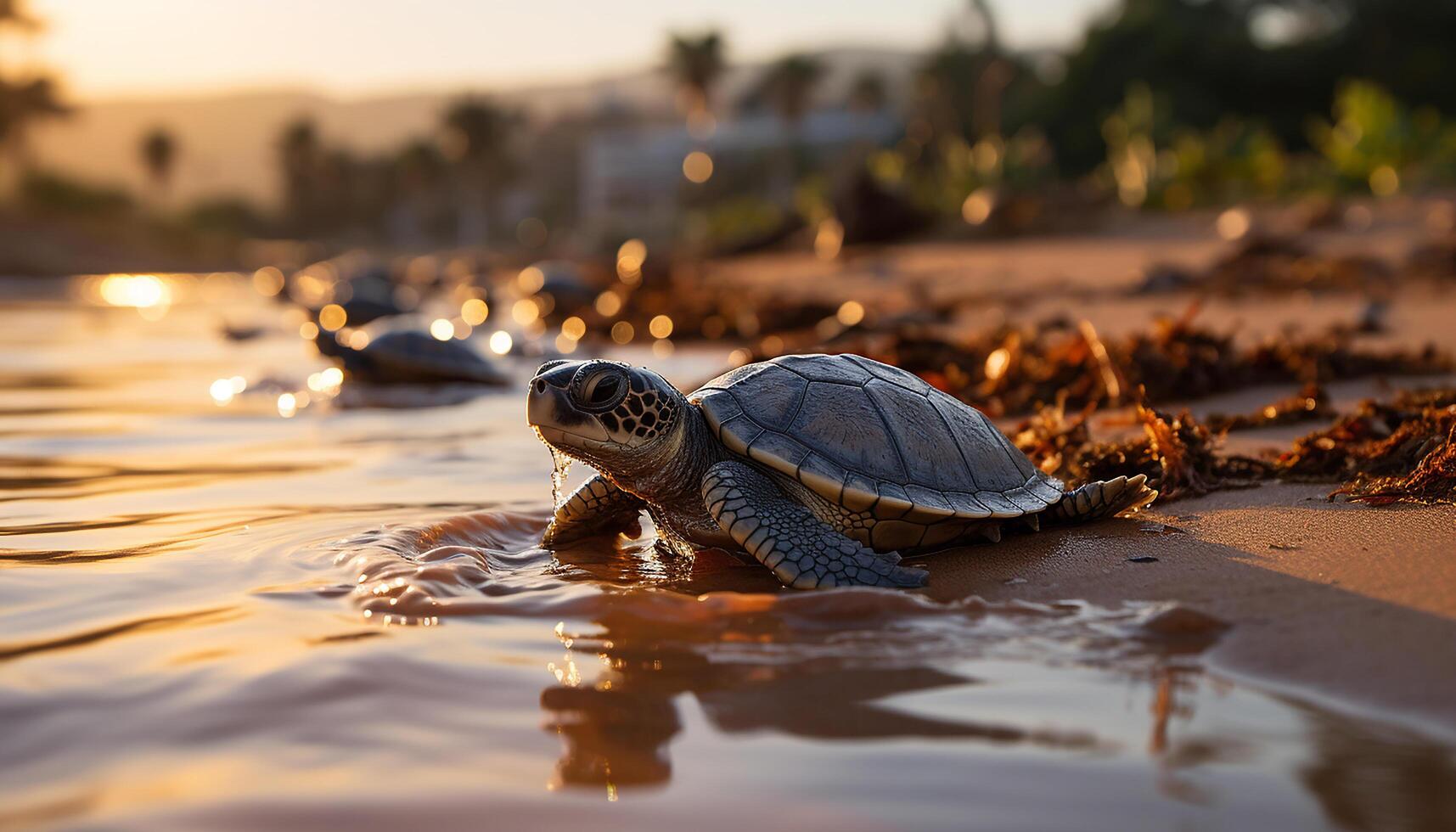 ai généré mignonne tortue rampant dans nature, profiter le le coucher du soleil beauté généré par ai photo