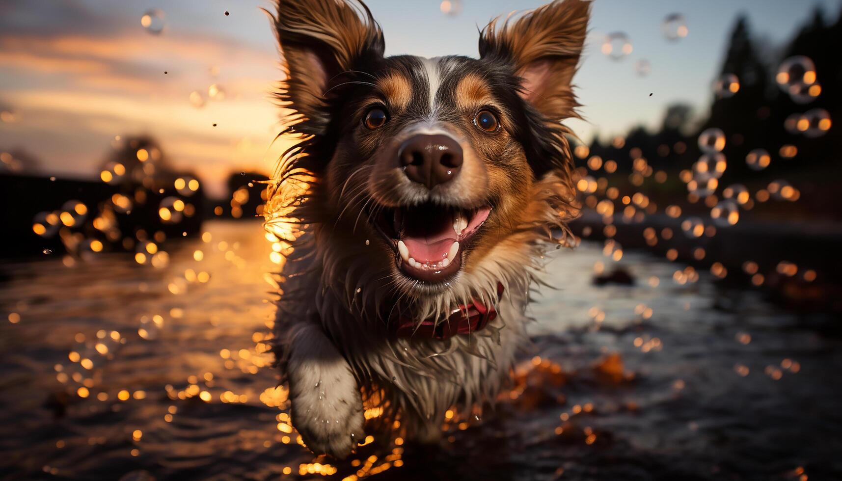 ai généré mignonne chiot en jouant dans le eau, profiter le été le coucher du soleil généré par ai photo