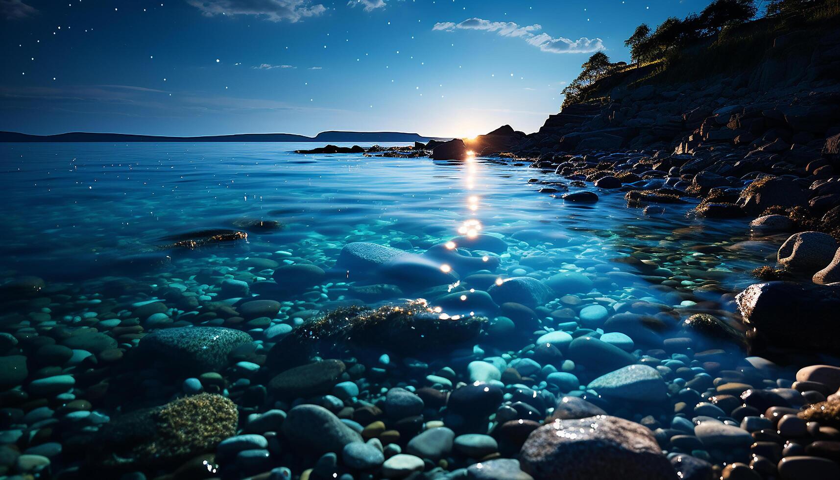 ai généré tranquille coucher de soleil, bleu des eaux, rocheux côte, la nature beauté dans été généré par ai photo