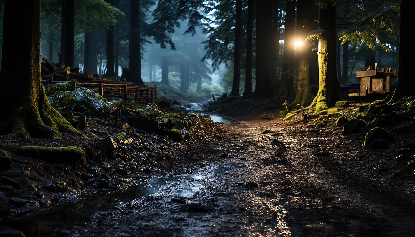 ai généré tranquille scène foncé forêt, mystérieux brouillard, effrayant nuit, beauté dans la nature généré par ai photo