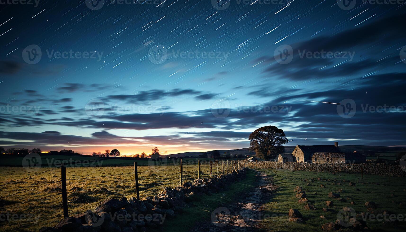 ai généré tranquille prairie, foncé ciel, étoile piste, vieux arbre, serein paysage généré par ai photo