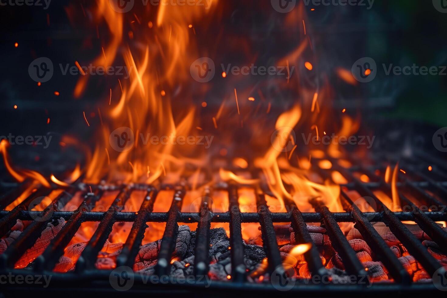 ai généré chaud vide portable barbecue un barbecue gril avec flamboyant Feu et braise charbon sur noir Contexte. attendre pour le placement de votre aliments. proche en haut photo