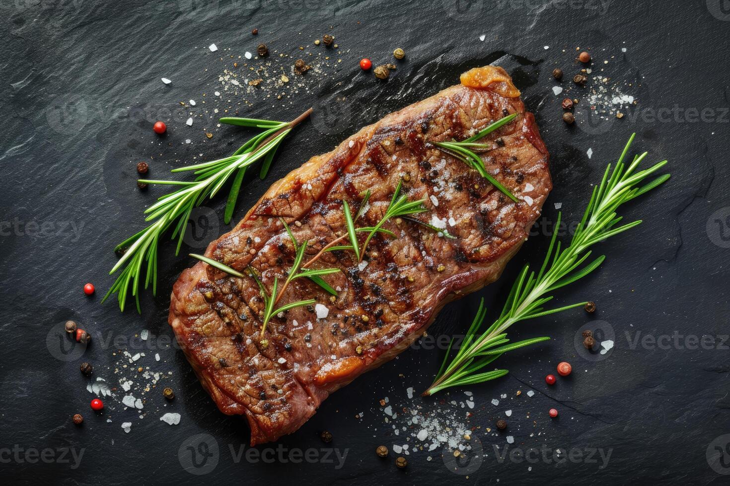 ai généré rôti du boeuf steak sur foncé pierre Contexte avec Romarin herbes. Haut voir, génératif ai photo