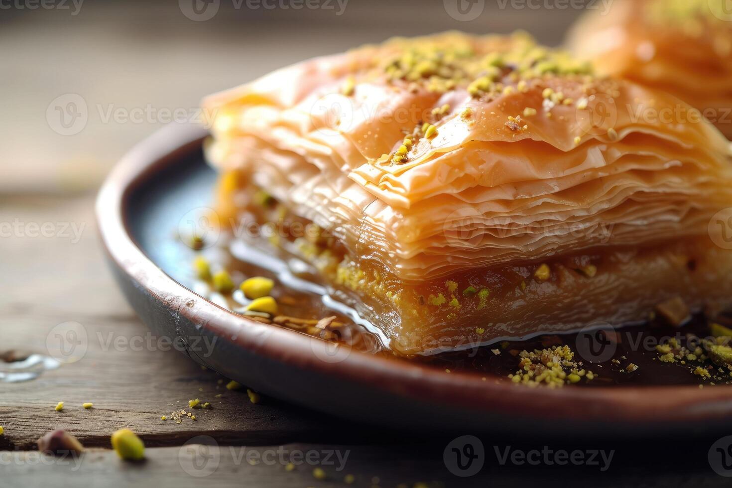 ai généré Baklava avec pistache écrou sur plaque, en couches Pâtisserie dessert fabriqué de filo Pâtisserie, et sucré avec sirop ou mon chéri photo