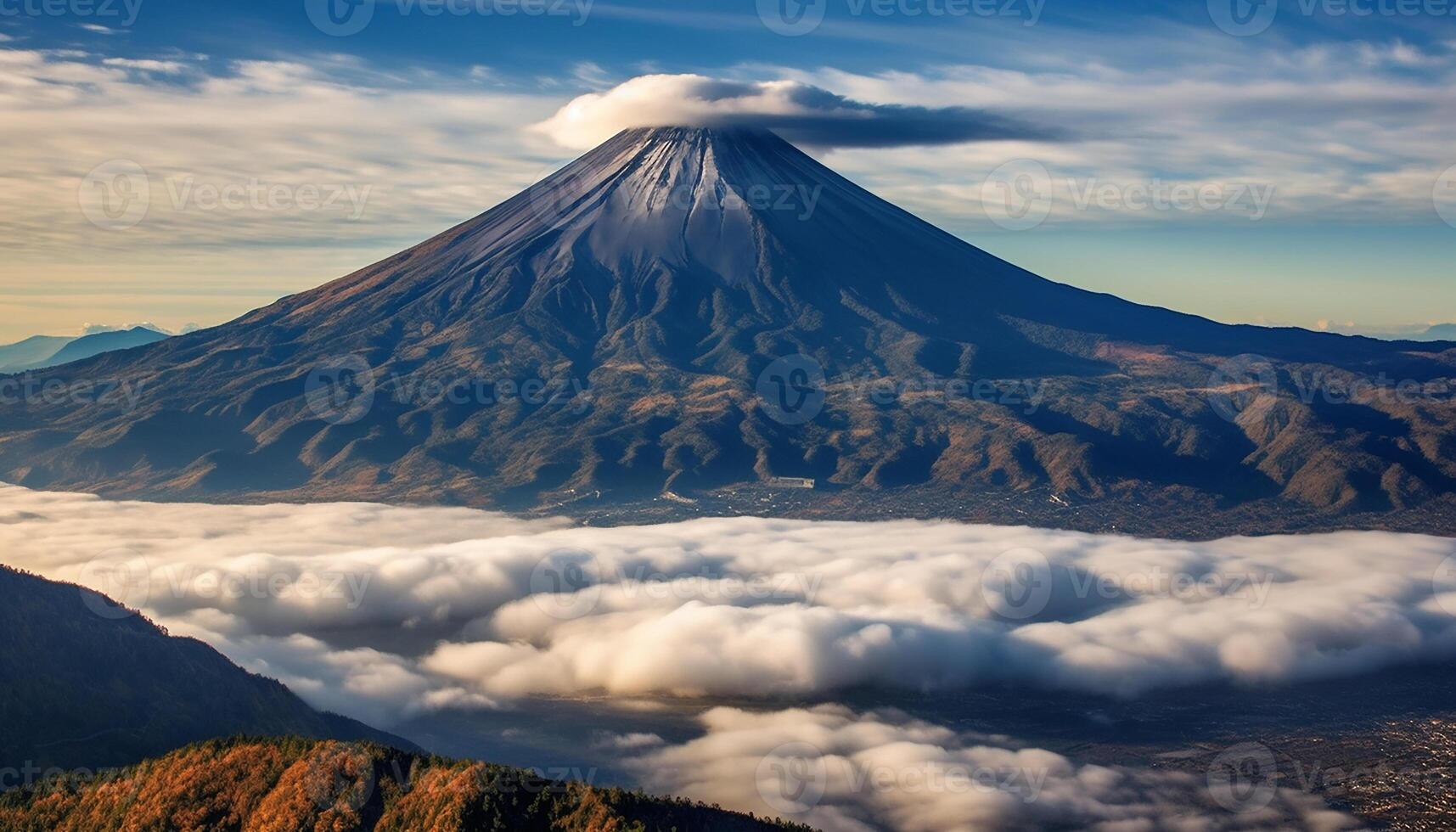 ai généré majestueux Montagne gamme, bleu ciel, tranquille prairie, panoramique le coucher du soleil généré par ai photo