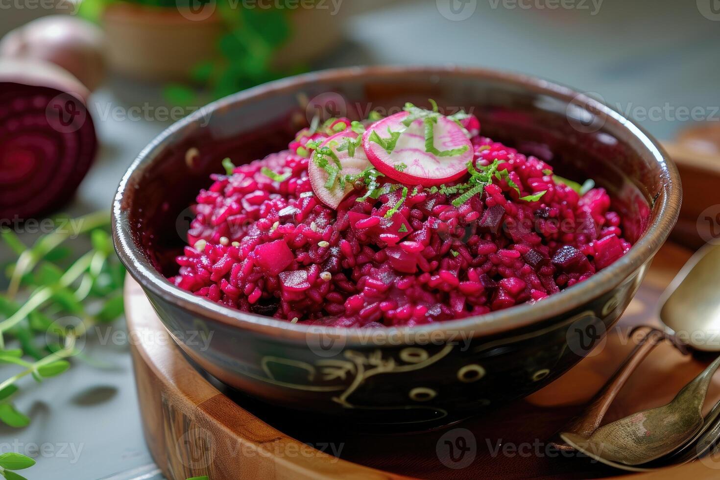 ai généré le radiant rouge, betterave Risotto, une gourmet chef-d'oeuvre dans chaque mordre. génératif ai photo