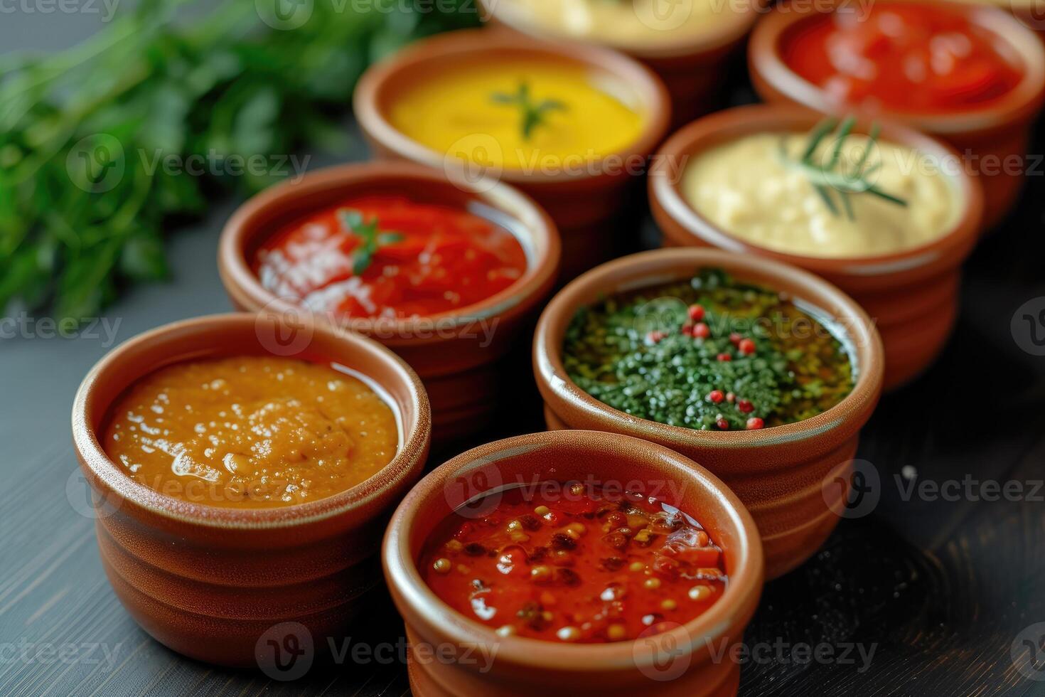 ai généré sélection de différent sauces dans boules. génératif ai photo