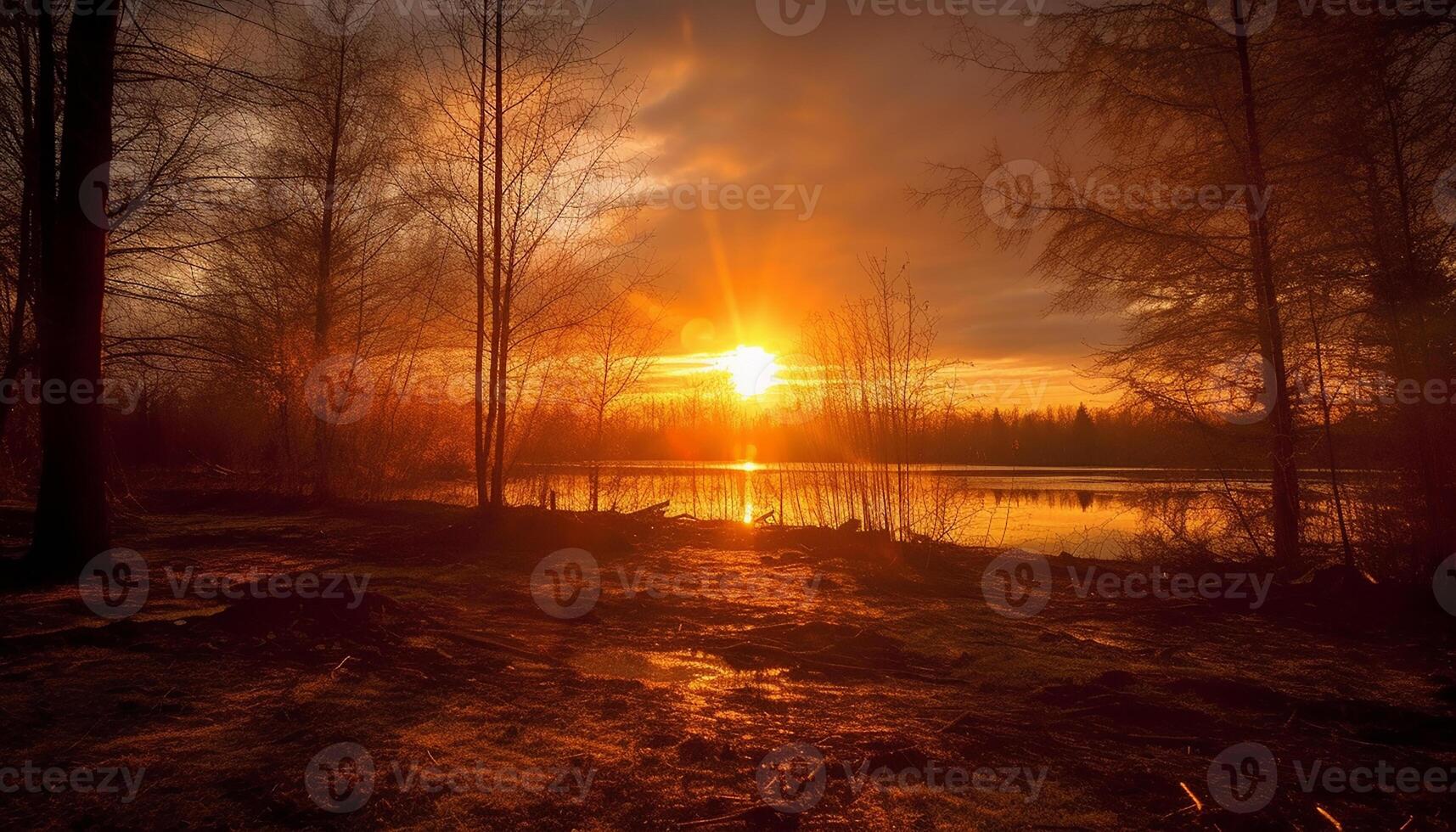 ai généré tranquille scène le coucher du soleil plus de forêt, reflétant dans tranquille étang généré par ai photo