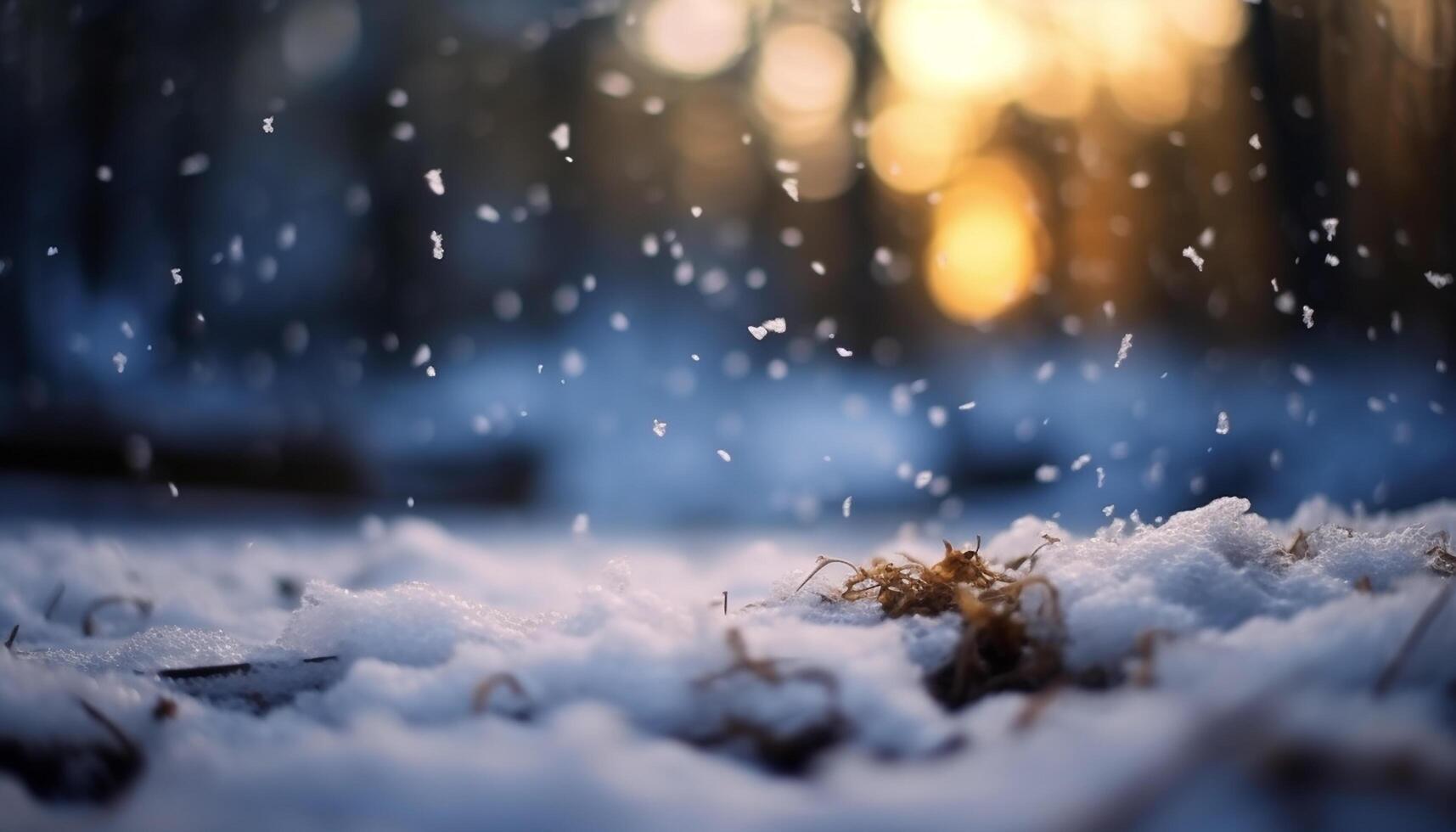 ai généré hiver nuit flocons de neige chute, la nature abstrait beauté dans embrasé bleu généré par ai photo