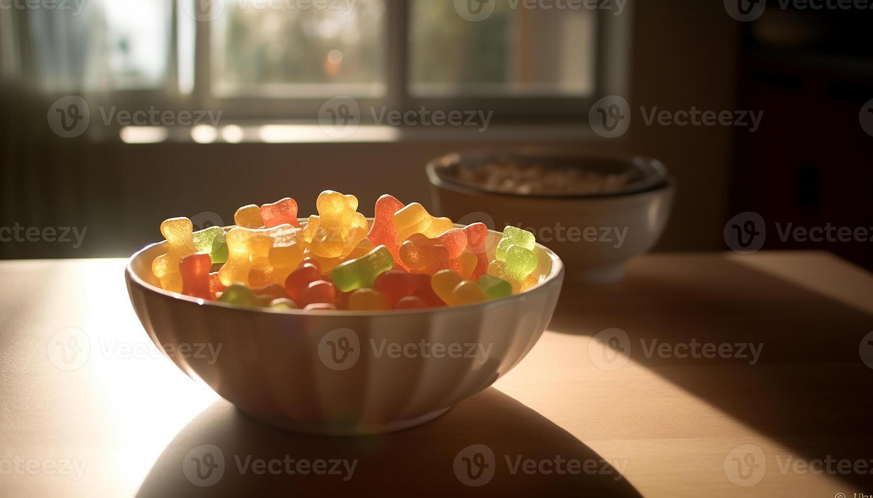 ai généré une coloré bol de sucré collations sur une en bois table généré par ai photo