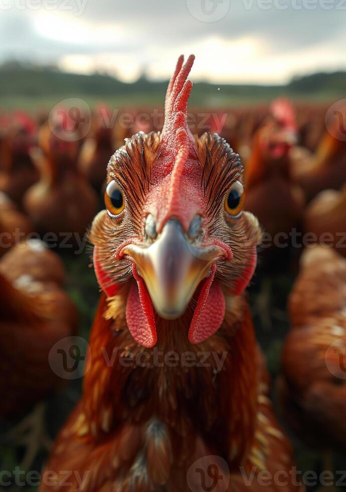 ai généré poulet regards à le caméra avec grand nez et rouge peigne photo