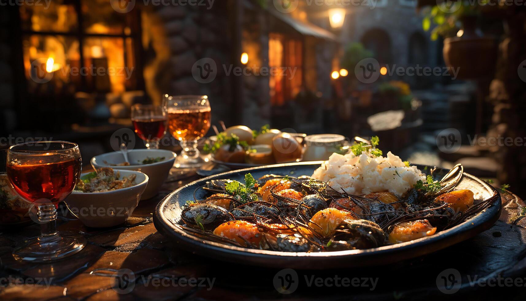 ai généré Frais Fruit de mer grillé sur bois, une gourmet le banquet en plein air généré par ai photo