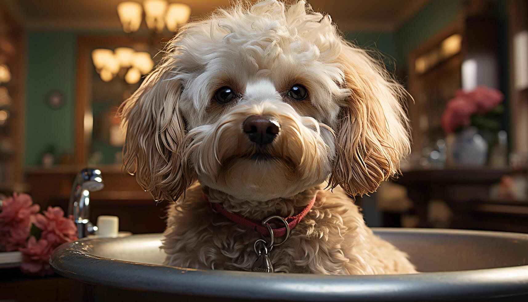 ai généré mignonne chiot séance dans baignoire, à la recherche à caméra, humide et nettoyer généré par ai photo