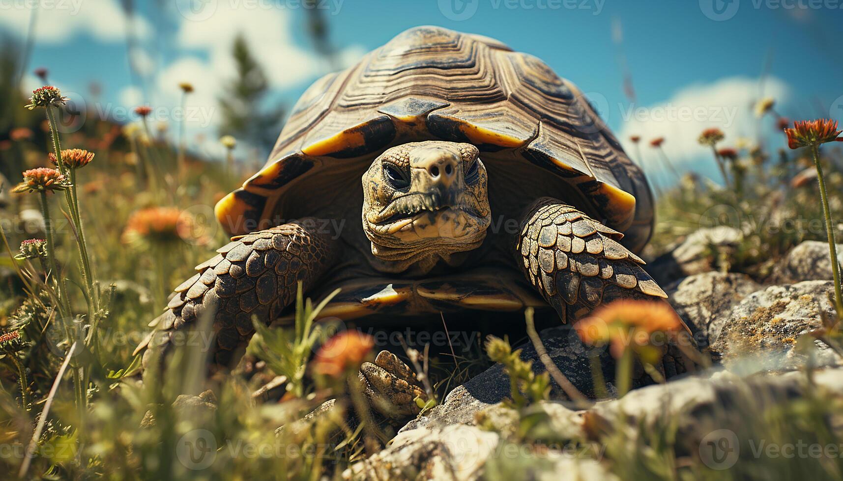 ai généré mignonne tortue rampant dans herbe, lent et en danger espèce généré par ai photo