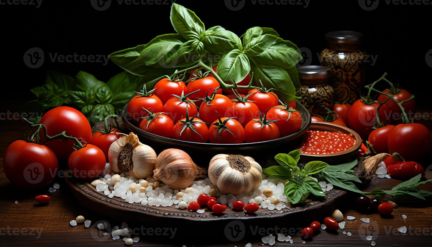 ai généré Frais tomate, ail, feuille, en bonne santé alimentaire, végétarien nourriture, pimenter, BIO, herbe, Pâtes, salade généré par ai photo