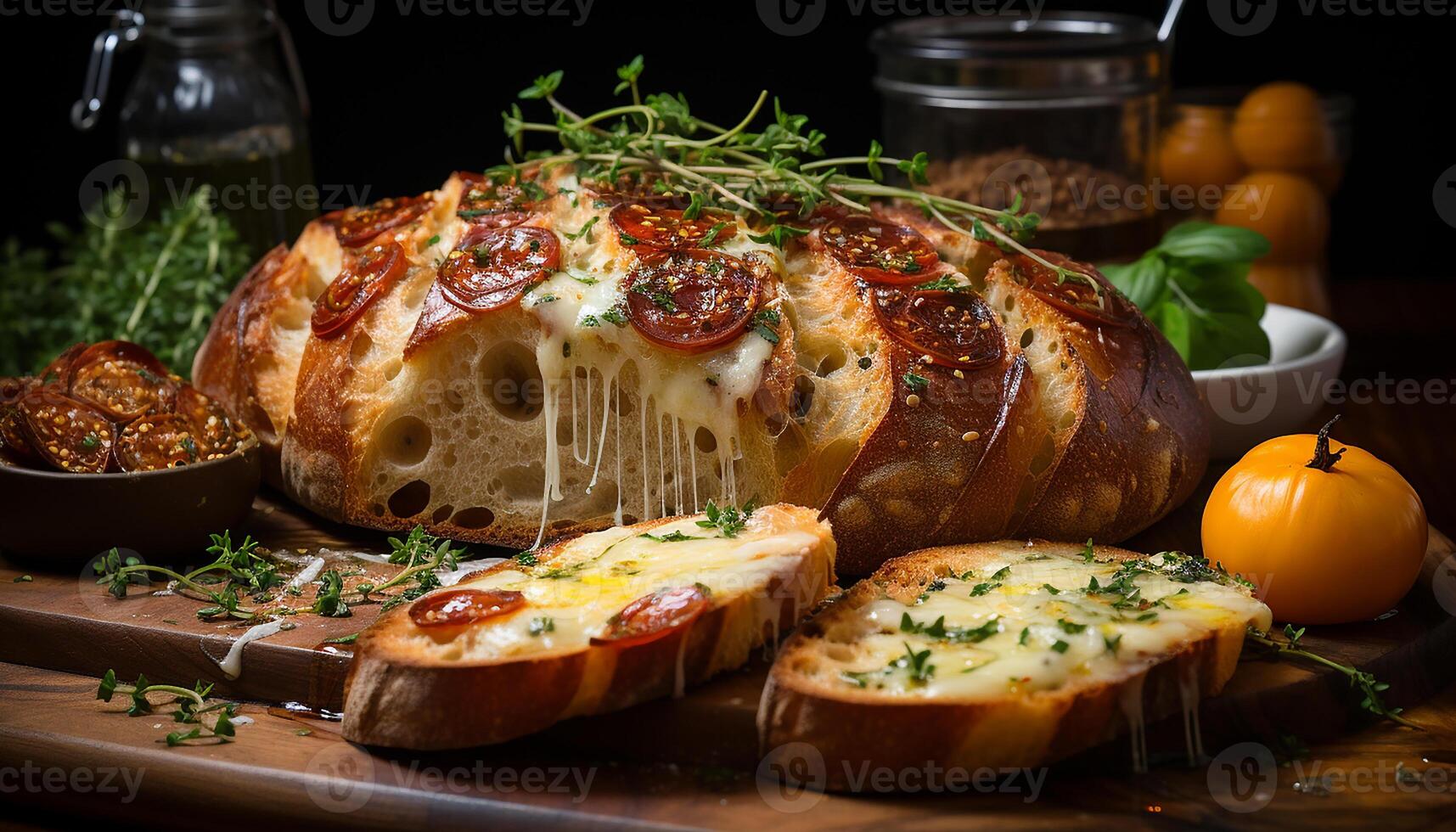 ai généré grillé Viande sur pain ciabatta, Frais tomate, en bonne santé fait maison le déjeuner généré par ai photo