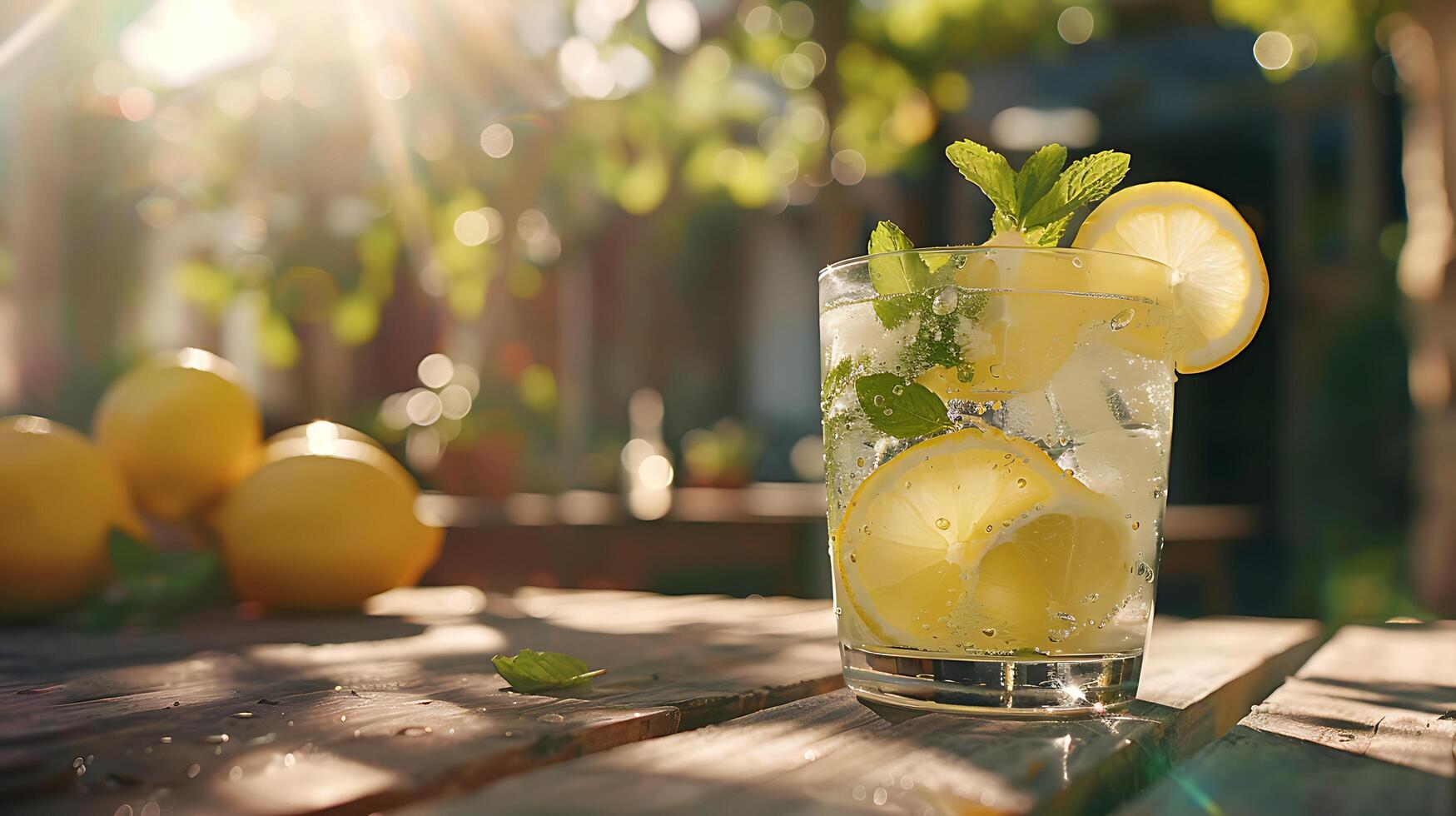 ai généré rafraîchissant limonade fait signe dans pommelé lumière du soleil sur patio table photo