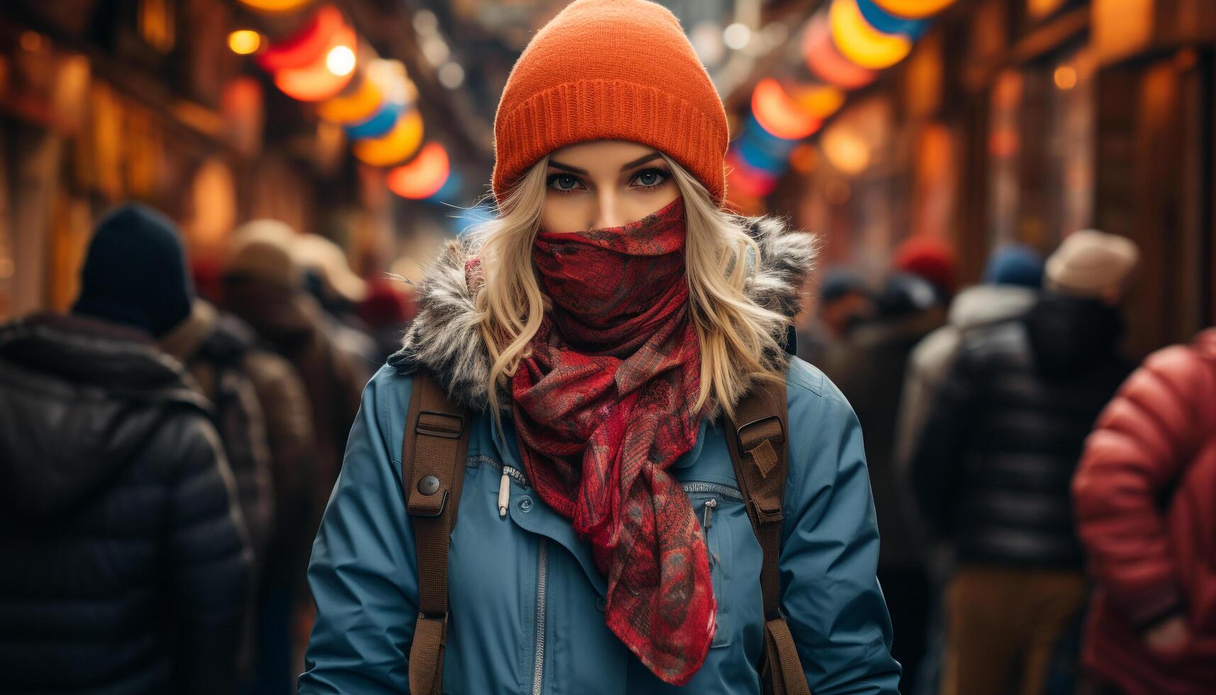 ai généré une de bonne humeur Jeune femme, souriant, en marchant dans le hiver ville généré par ai photo