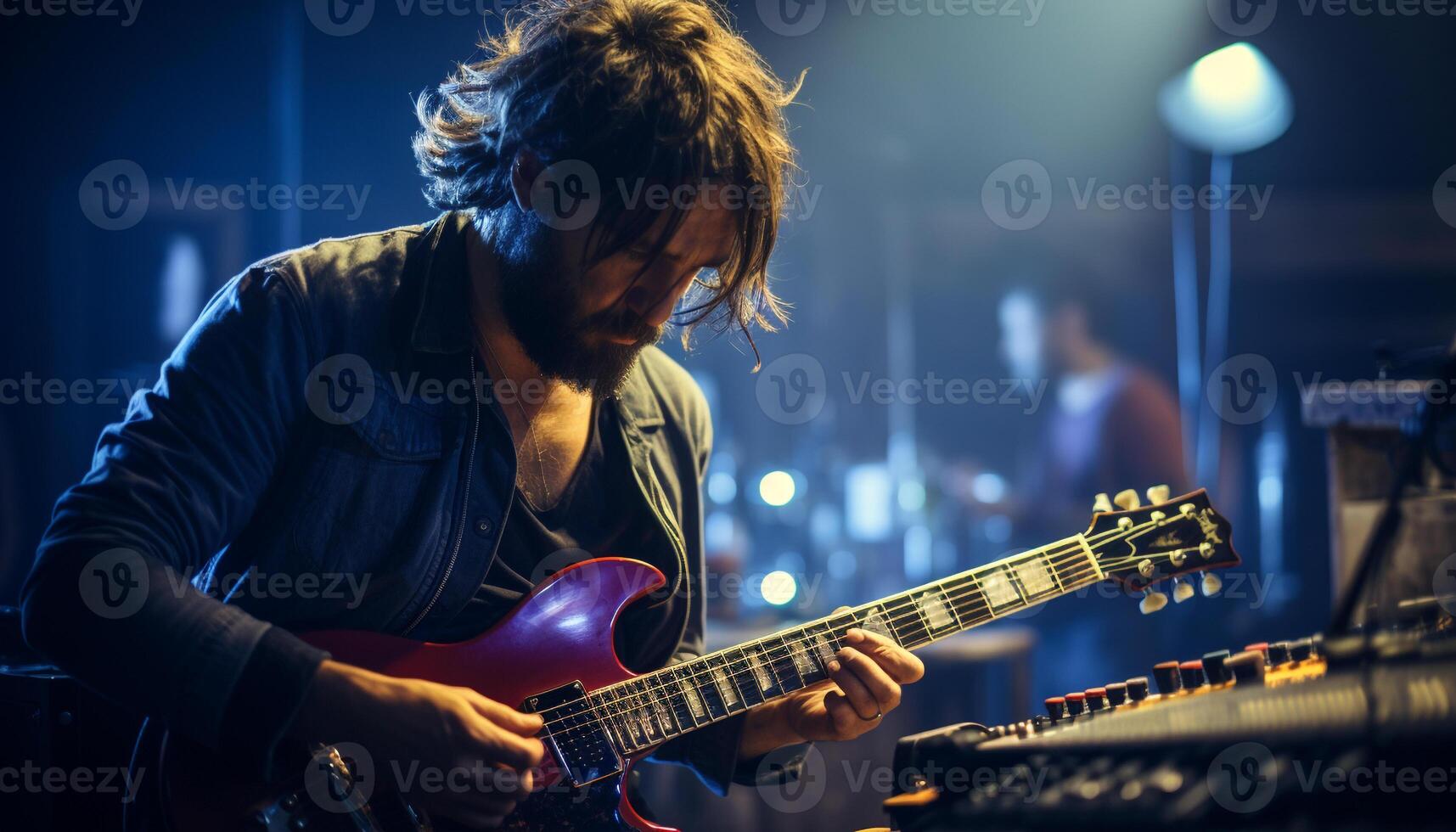 ai généré Jeune adulte musicien en jouant électrique guitare sur étape à une concert généré par ai photo