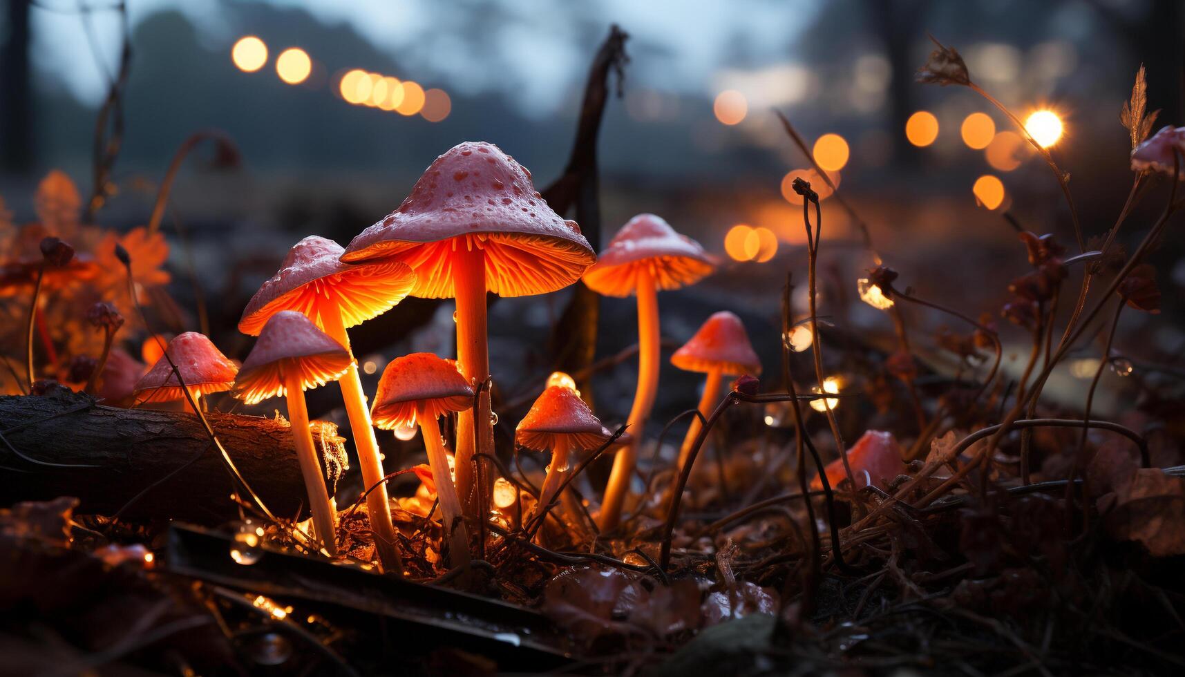 ai généré embrasé Orange champignon vénéneux casquettes éclairer l'automne forêt à crépuscule généré par ai photo