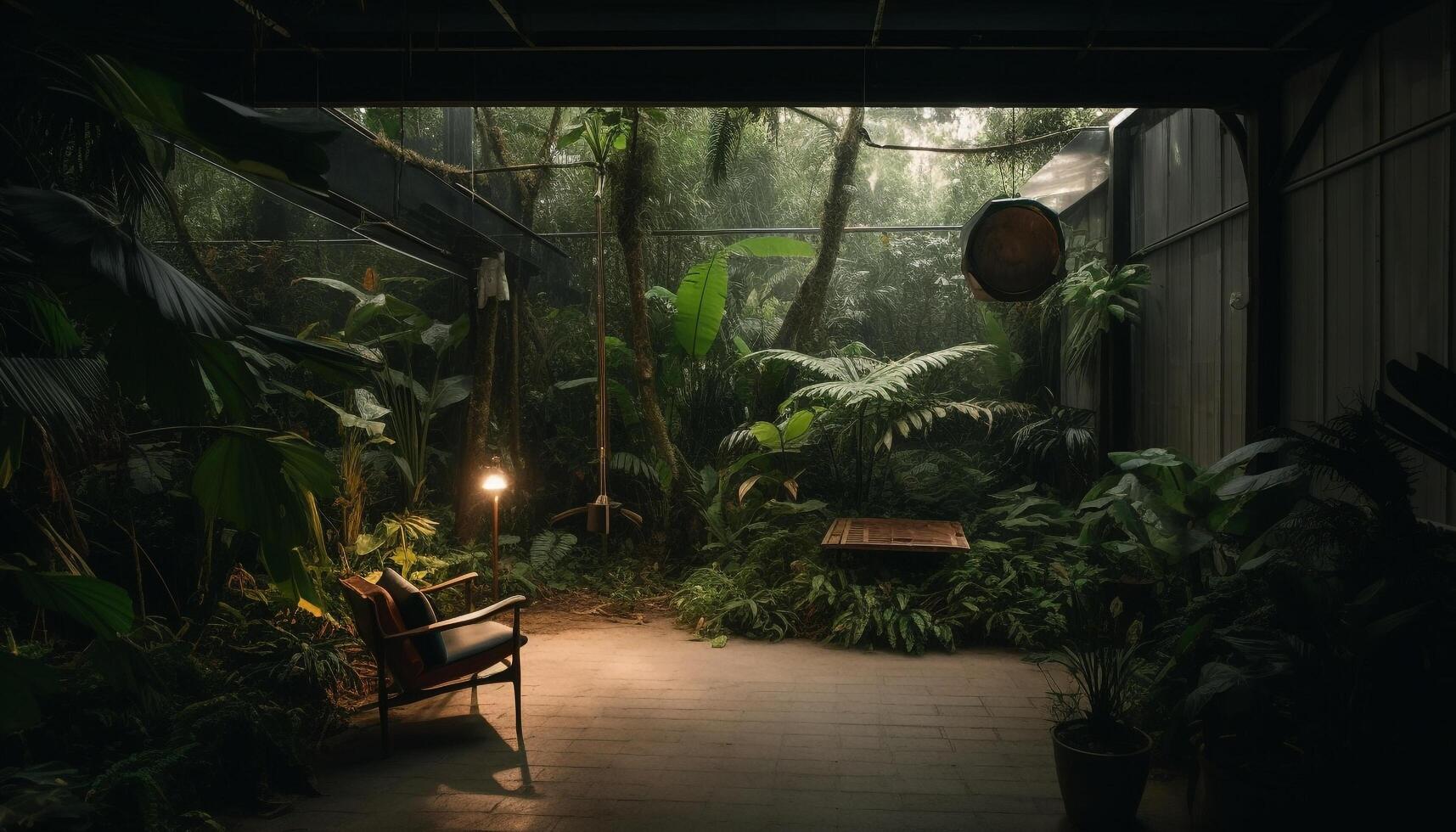 ai généré tranquille forêt tropicale vert des arbres, foncé nuit, illuminé lampe, séance chaise généré par ai photo